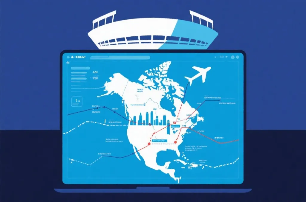 An abstract concept of travel routes over North America with a smartphone showing generic flight connections and a stadium outline.